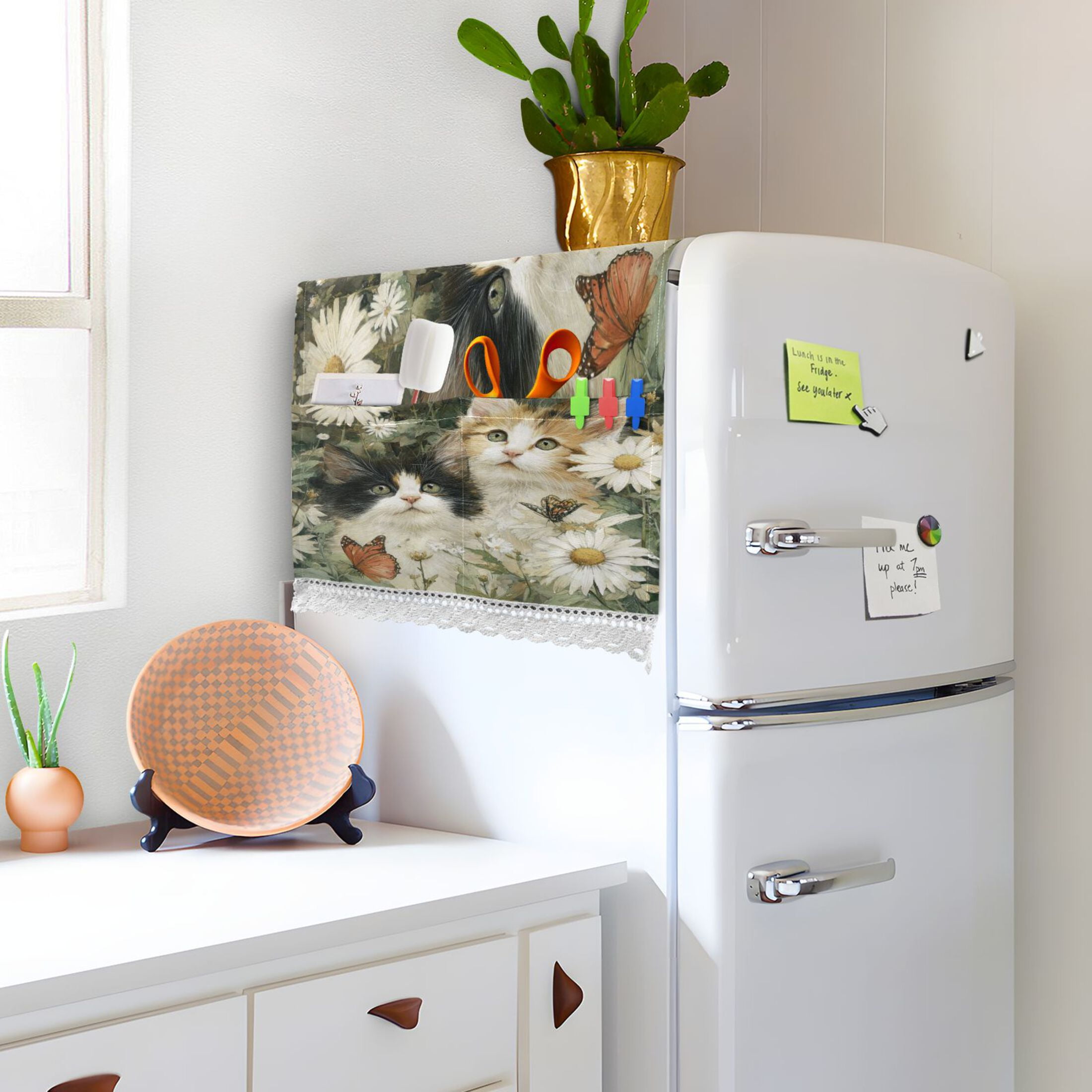 Dustproof Washing Machine Cloth Washer and Dryer Top Covers, Fridge Dust Cover, With Storage Bags Adorable Cats and Daisies
