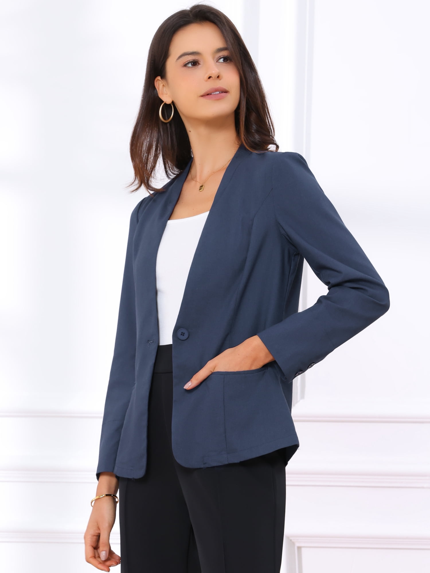 DARING DIVA Women's Linen Lightweight Long Sleeve Single Breasted Blazer M Navy Blue