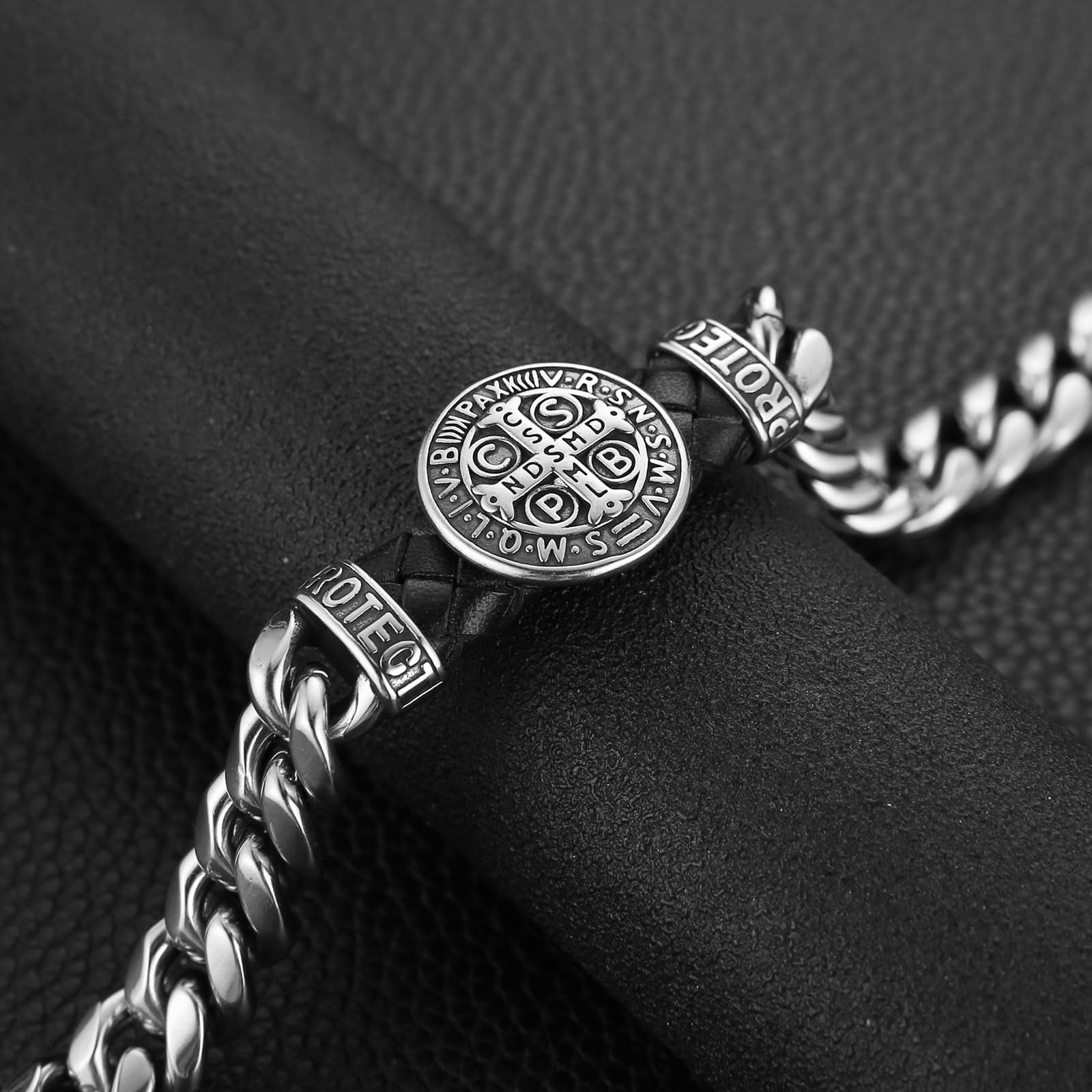 HZMAN 8.5Inch Cuban Chain Bracelet Classic Heavy Stainless Steel Bracelet for Men Biker St Benedict Cross Medal Link Bracelet Jewelry Gift