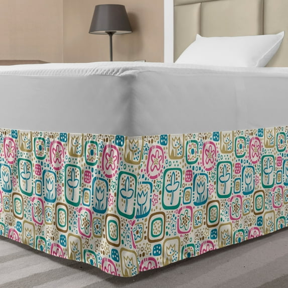 Floral Bed Skirt, Abstracted Spring Flowers Blossoms Arranged with Random Dots Illustration, Elastic Bedskirt Dust Ruffle Wrap Around for Bedding Decor, 4 Sizes, Ivory and Multicolor, by Ambesonne