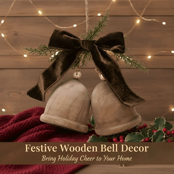 BESTSKY Wooden Bells with Bow Hanging Christmas Decoration Bells Christmas Decor,Christmas Bells,Brown
