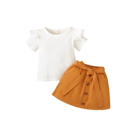 

Suanret Kids Baby Girls 2Pcs Skirt Set Short Sleeve Ruffle O-Neck Tops Shirt+Waist Strappy Buttons Short Skirt White Brown 4-5 Years
