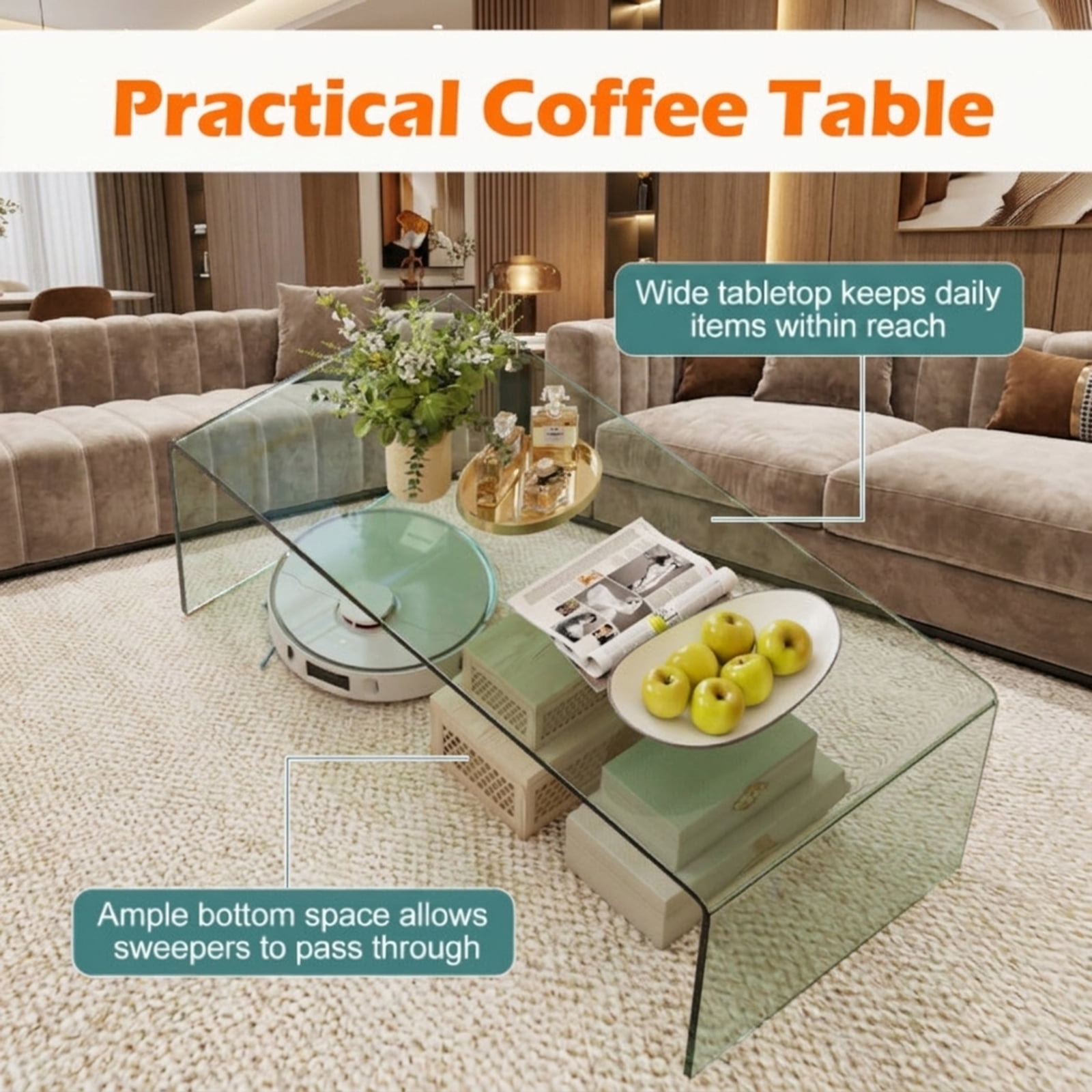 Furnibear Clear Glass Coffee Table, 42.5 Inch Rectangle Tempered Glass Coffee Table with Rounded Edges for Living Room, Transparent
