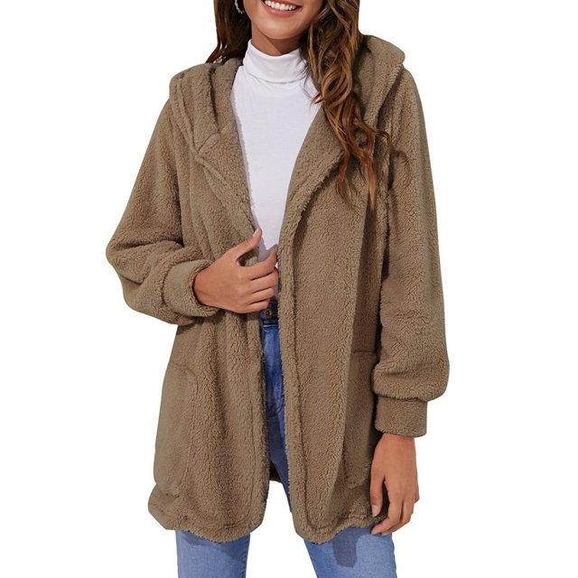Cárdigan de lana para mujer con capucha y frente abierto, abrigo mullido de manga larga para descansar en invierno