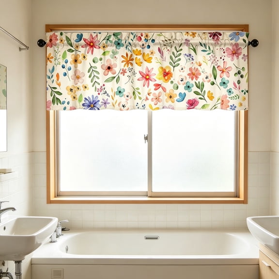 Farmhouse Rod Pocket Kitchen Curtains,Watercolor Wildflower Tier & Valance Curtains,Light Filtering Short Window Treatments for Bathroom,Bedroom Decor
