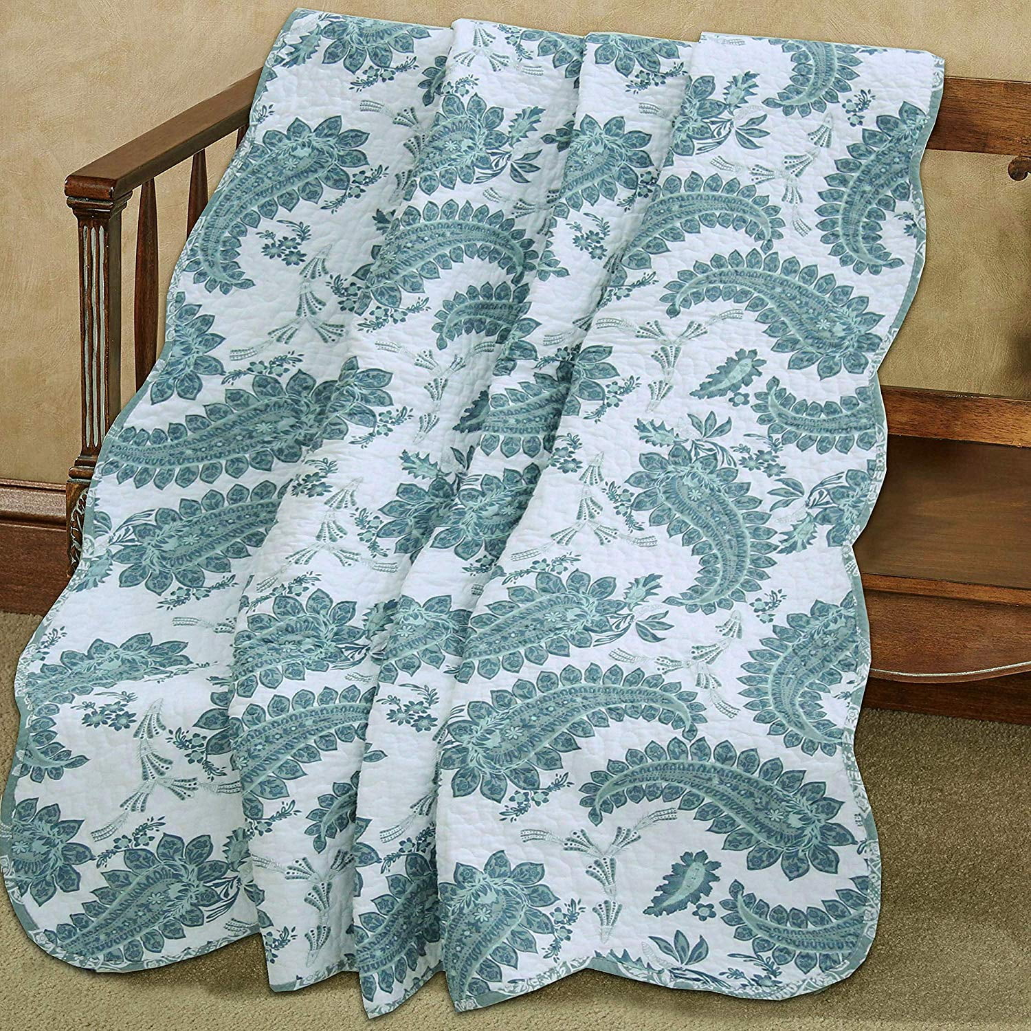Cozy Line Teal Paisley Print 100% Cotton Quilted Throw ...