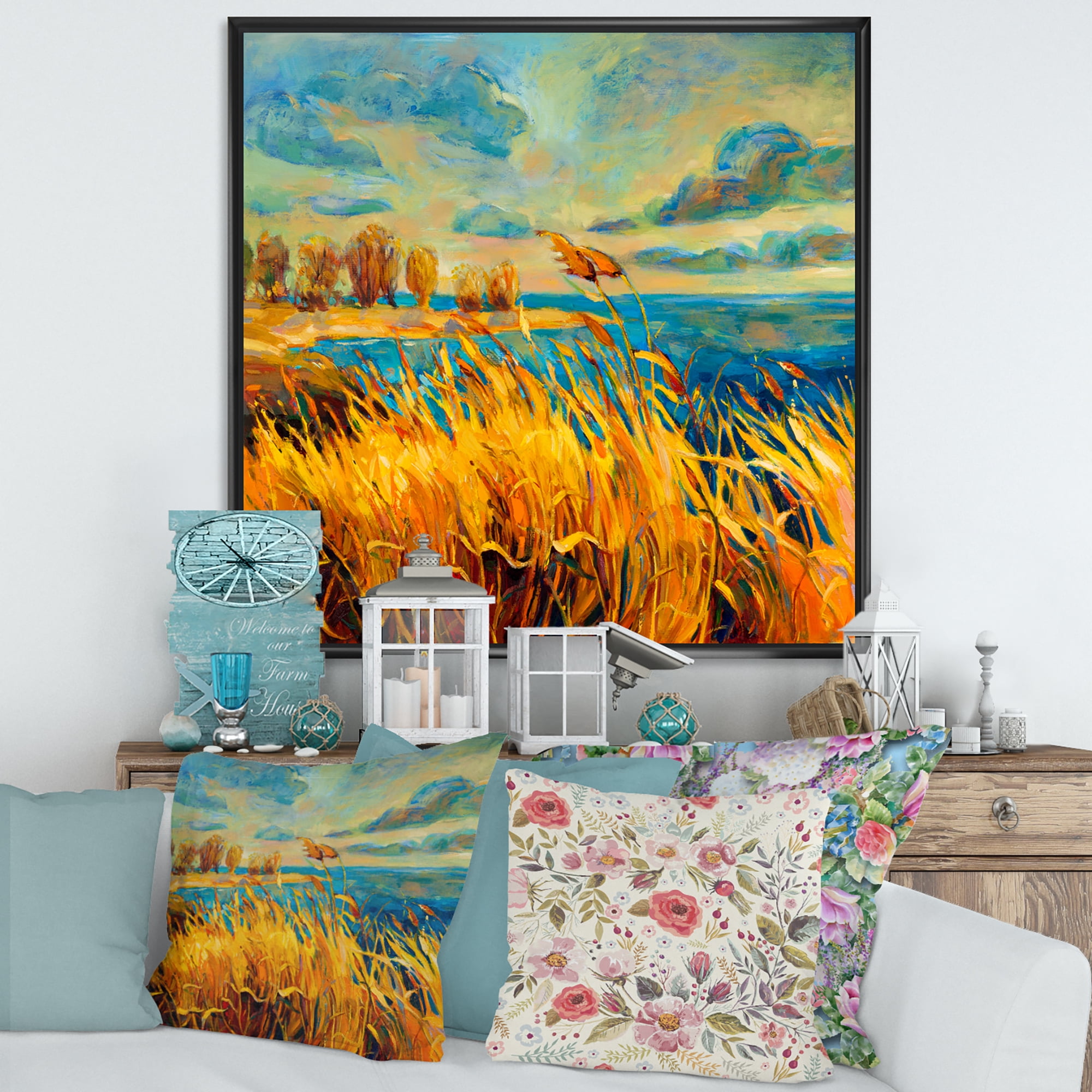 Sunset Over Vibrant Lake 36 in x 36 in Framed Painting Canvas Art Print, by Designart