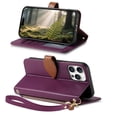 thumbnail image 4 of Leather For iPhone 16 Pro Max  Case Leaf buckle zipper wallet  3-card  Flip Wallet Leather Case With Card Holder Magnetic Closure  Phone Cases Cover,Purple,For iPhone 16 Pro Max, 4 of 7