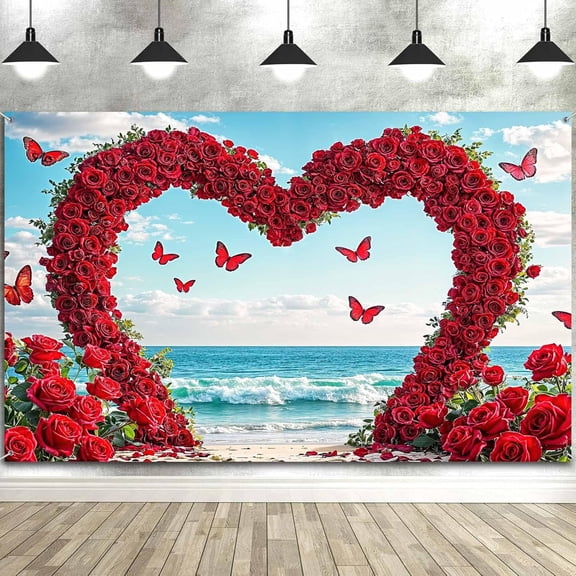 10 x 8 ft Valentine's Day Backdrop, Red Love Heart Photography Background Romantic Beach Wedding Bridal Party Background Decor Photo Studio Booth Props