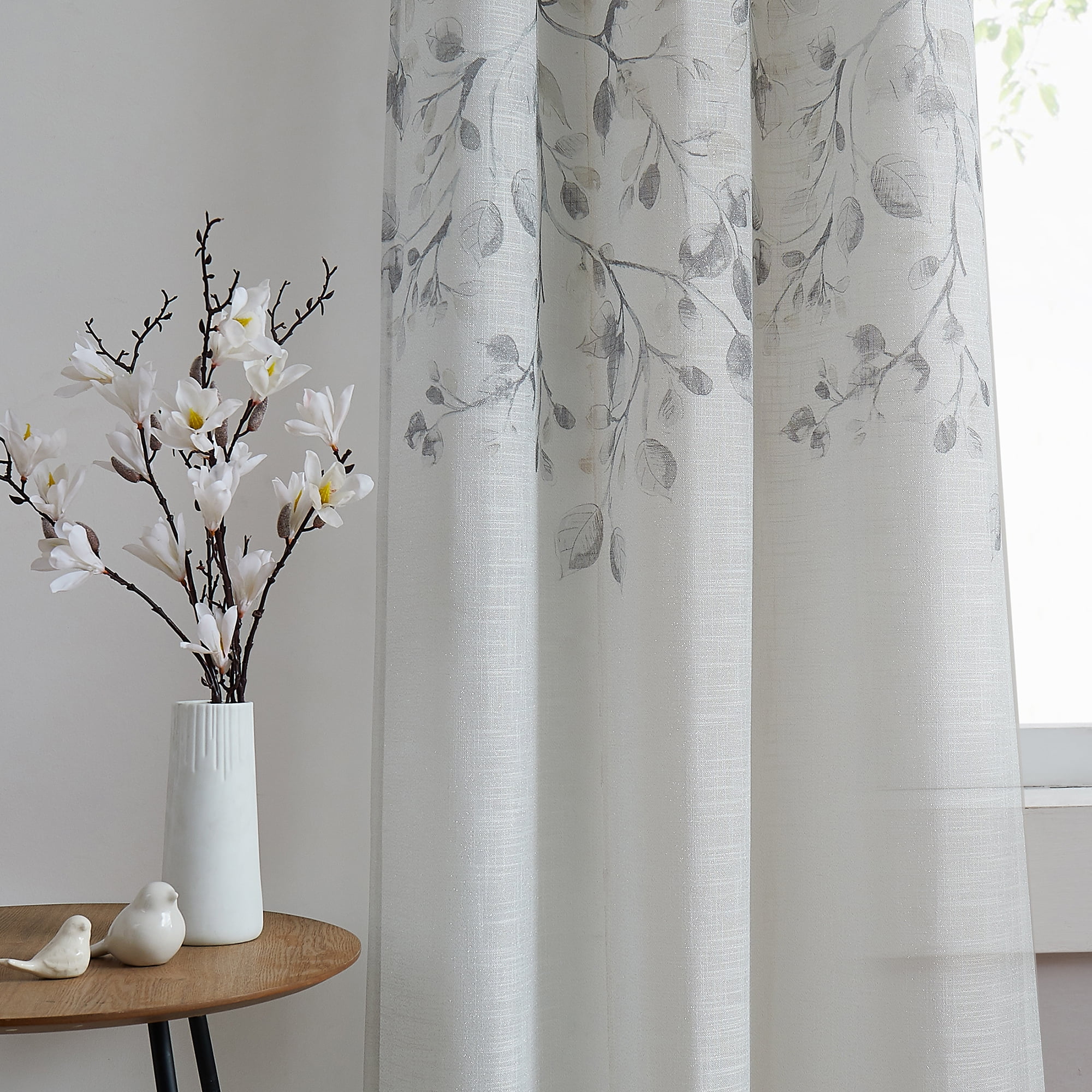 Uptown Home Leaf Rustic Gray Tan Textured Metallic Sheer Autumn Fall Grommet Top Curtains, 40"x84", 2 Panels