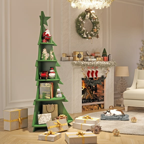 BALANBO Tree Kids Bookshelf, Wooden Corner Bookshelf Bookcase for Kids Room, Living room, Green