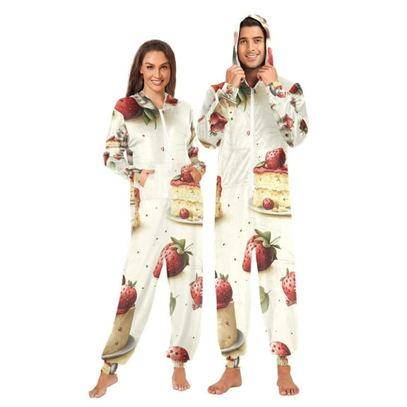 Strawberries Cakes Mice Adult Onesie Pajamas Slim Fit Christmas One Piece Suit Pjs for Women and Men Hooded Zipper