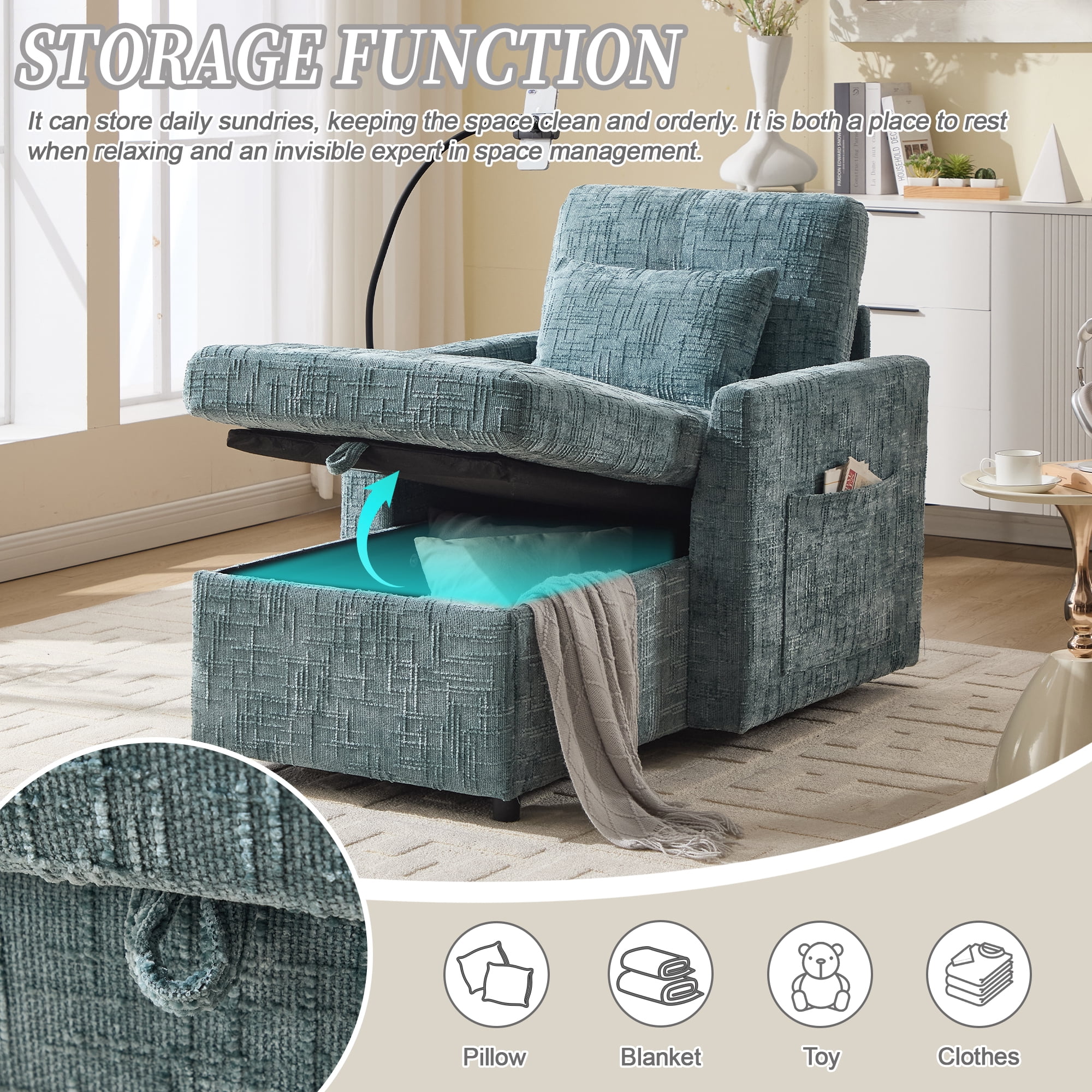 MOONMISS Chenille Upholstered Storage Lazy Single Leisure Chair Sofa with Phone Holder&Side Pocket-Lake Blue