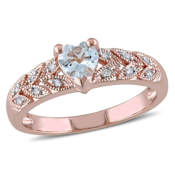 AMOUR Diamond and Aquamarine Heart Vintage Ring In Pink Plated Sterling Silver