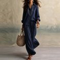 thumbnail image 4 of BRELIL Women Plus Size Two Piece Outfits Sets Long Sleeve Collared Button Shirt Wide Leg Pants Casual Lounge Set Solid Boho Vacation Travel Matching Tracksuit, Navy M, 4 of 5