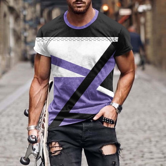 Fnnxeal Mens Short Sleeve Graphic Tee Geometric Color Block Print Casual Streetwear Shirts for Men Big and Tall Sizes Mint Green Stretch,Size 4XL