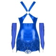 thumbnail image 2 of Kaerm Women 2Pcs Glittery Latin Dance Outfit Cross Front Tassel Leotard with Metallic Gloves Royal Blue XL, 2 of 6