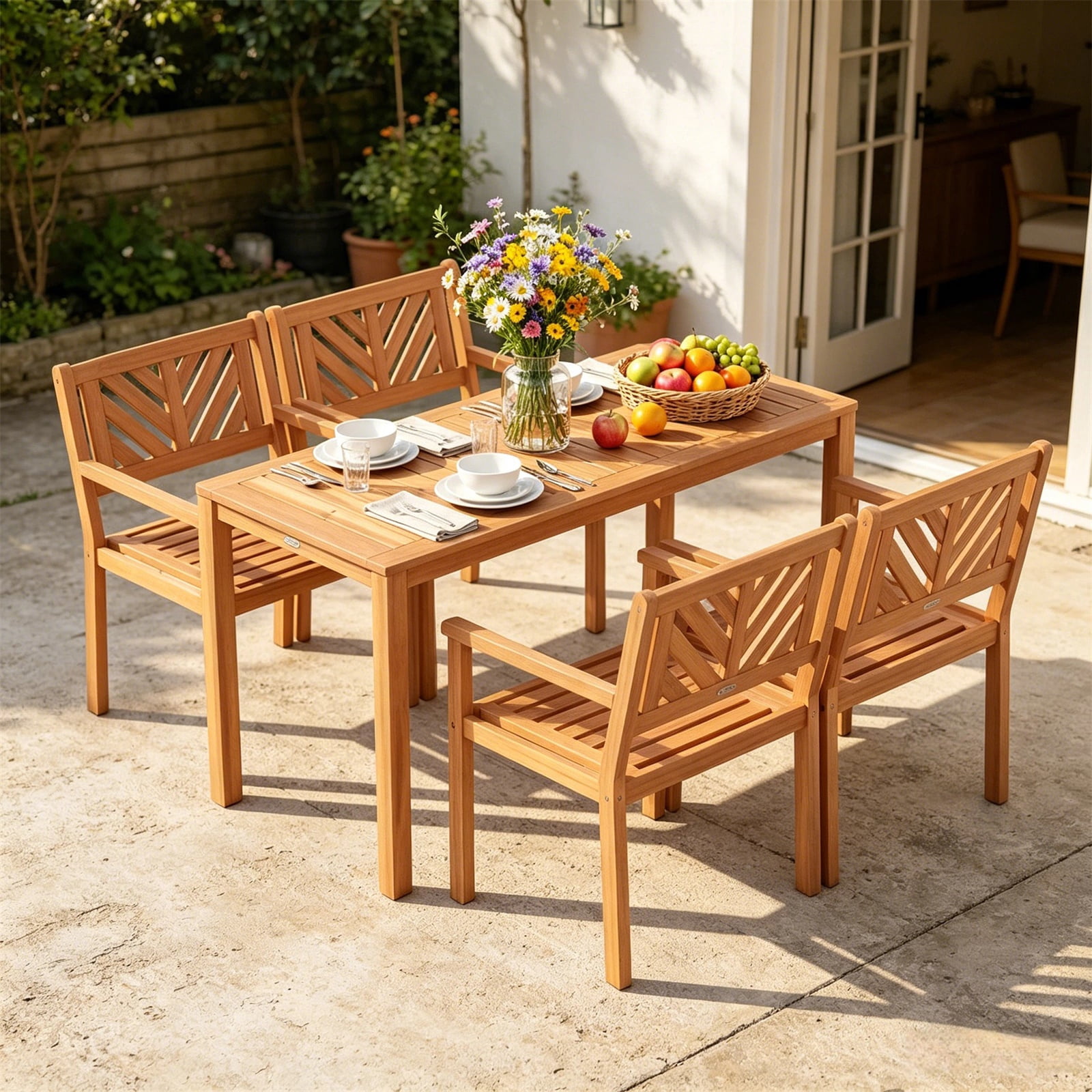Hommoo Modern Wooden Patio Dining Chair Set of 2, Outdoor Garden Slatted Chair, Natural