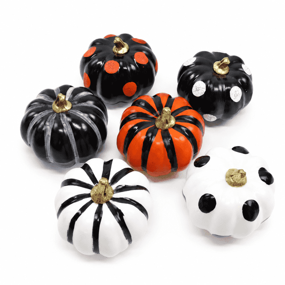 Hand-Painted Halloween Pumpkins – Black White Orange Foam Pumpkin Decor with Stripes and Dots for Tiered Tray,Indoor Fall Home Decorations,6 Pcs