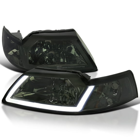 Spec-D Tuning Smoke Headlights with LED Tube Strip Compatible with 1999-2004 Ford Mustang, Left   Right Pair Headlamps Assembly