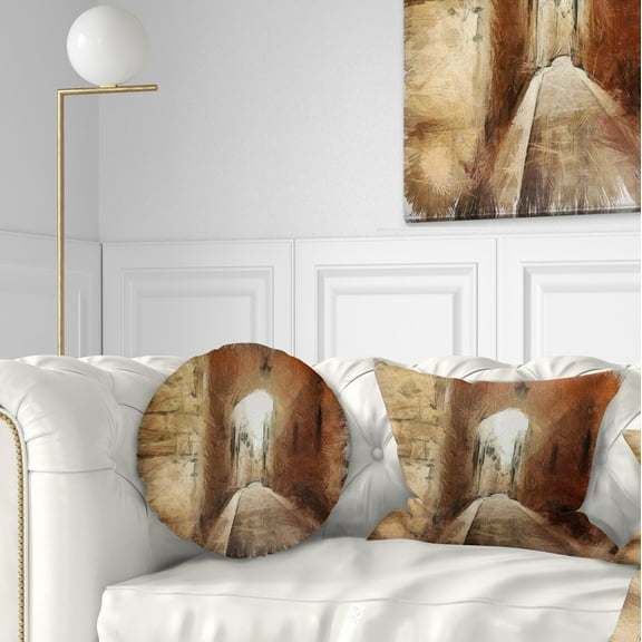 Designart Brown Old City Street Drawing - Landscape Printed Throw Pillow - 12x20