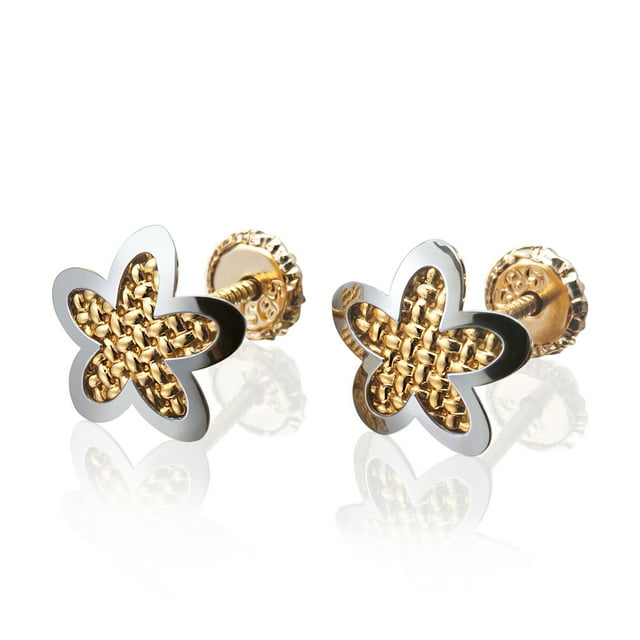 Aretes de oro 14k GIALLO Broquel Estrella en nudos de oro blanco brillante y oro amarillo mate