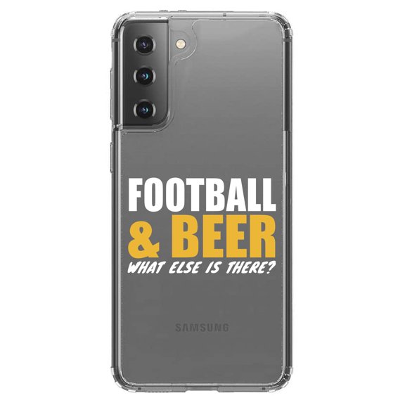DistinctInk Clear Shockproof Hybrid Case for Galaxy S21 5G (6.2" Screen) - TPU Bumper Acrylic Back Tempered Glass Screen Protector - Football & Beer What Else Is There?