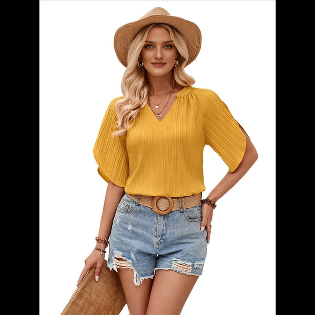 Blusas de Mujer de con Cuello en V, Corta, Holgadas, Informales, de Negocios, de Verano, Color Amarillo, Talla M