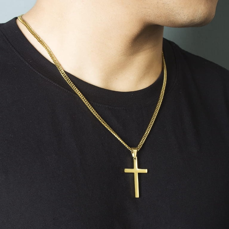 Men's Cross Necklace - Silver/Gold 316L Stainless Steel Rope Chain, 20" Length, With Velvet Pouch