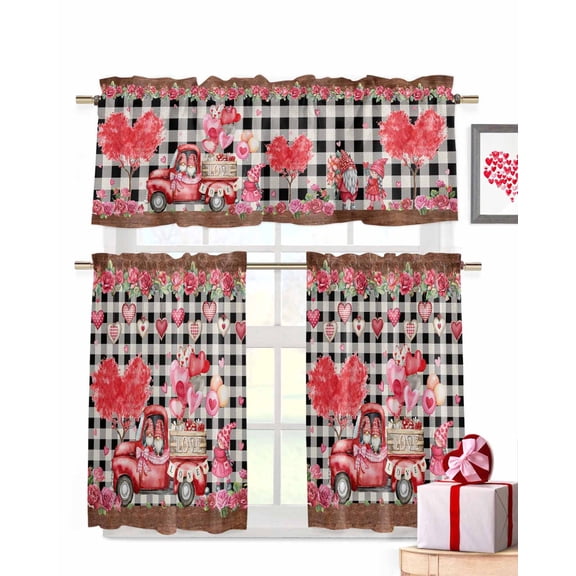 Happy Valentine's Day Kitchen Curtains Valances and Tiers Set of 3, 24 Inch Length Tier Curtains and Valance Rod Pocket Valance Curtains Set for Kitchen Bathroom Small Windows