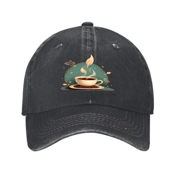 Vintage Cotton Washed Distressed Baseball Cap - Steaming Coffee Cup Design with Leaves on Green Background - Perfect Golf Dad Hat for Men & Women
