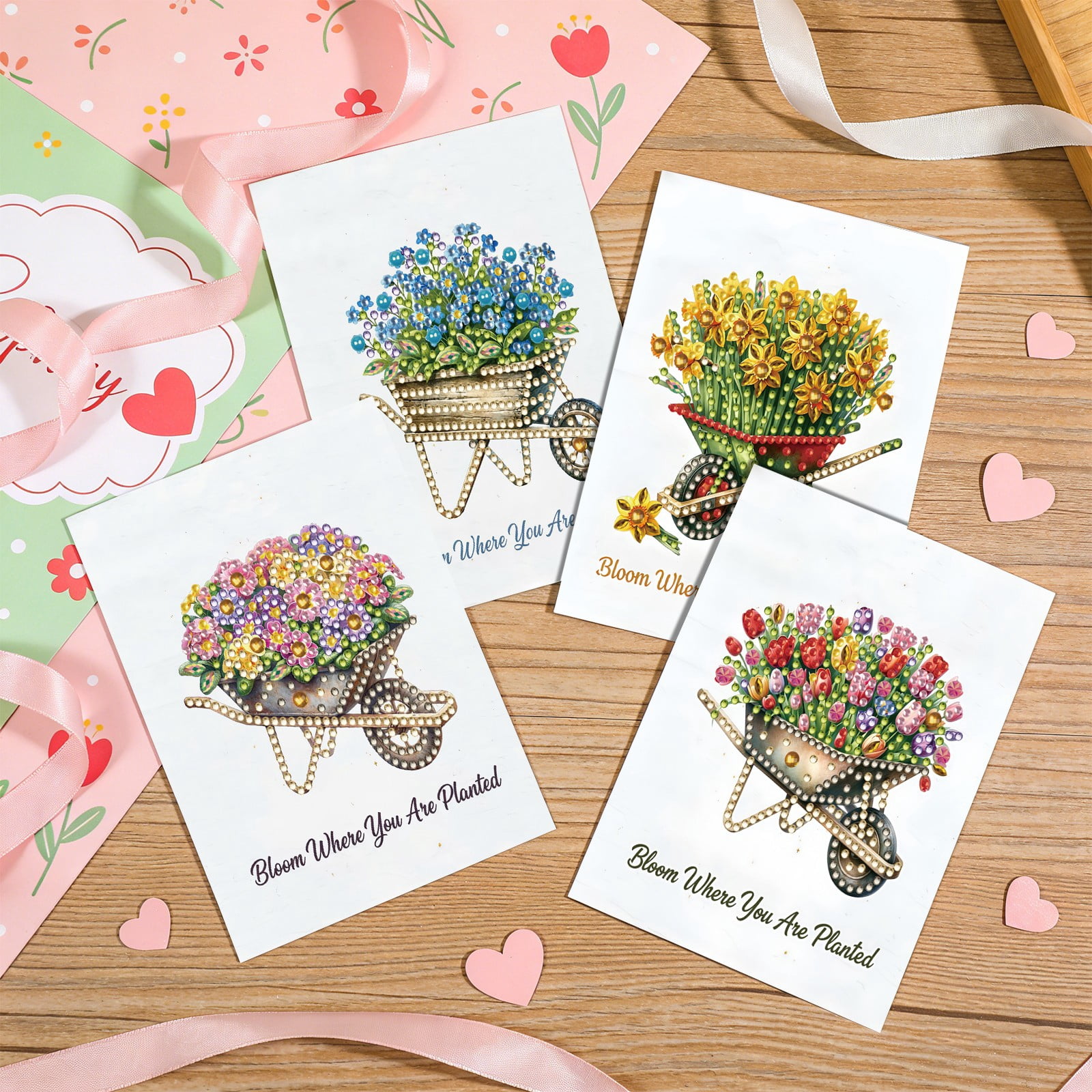 FLOPESN 6Pcs DIY Diamond Art Greeting Cards Set, Spring Flower 3D Folding Thank You Card For Birthday Holiday Blessing Gift(included envelopes)