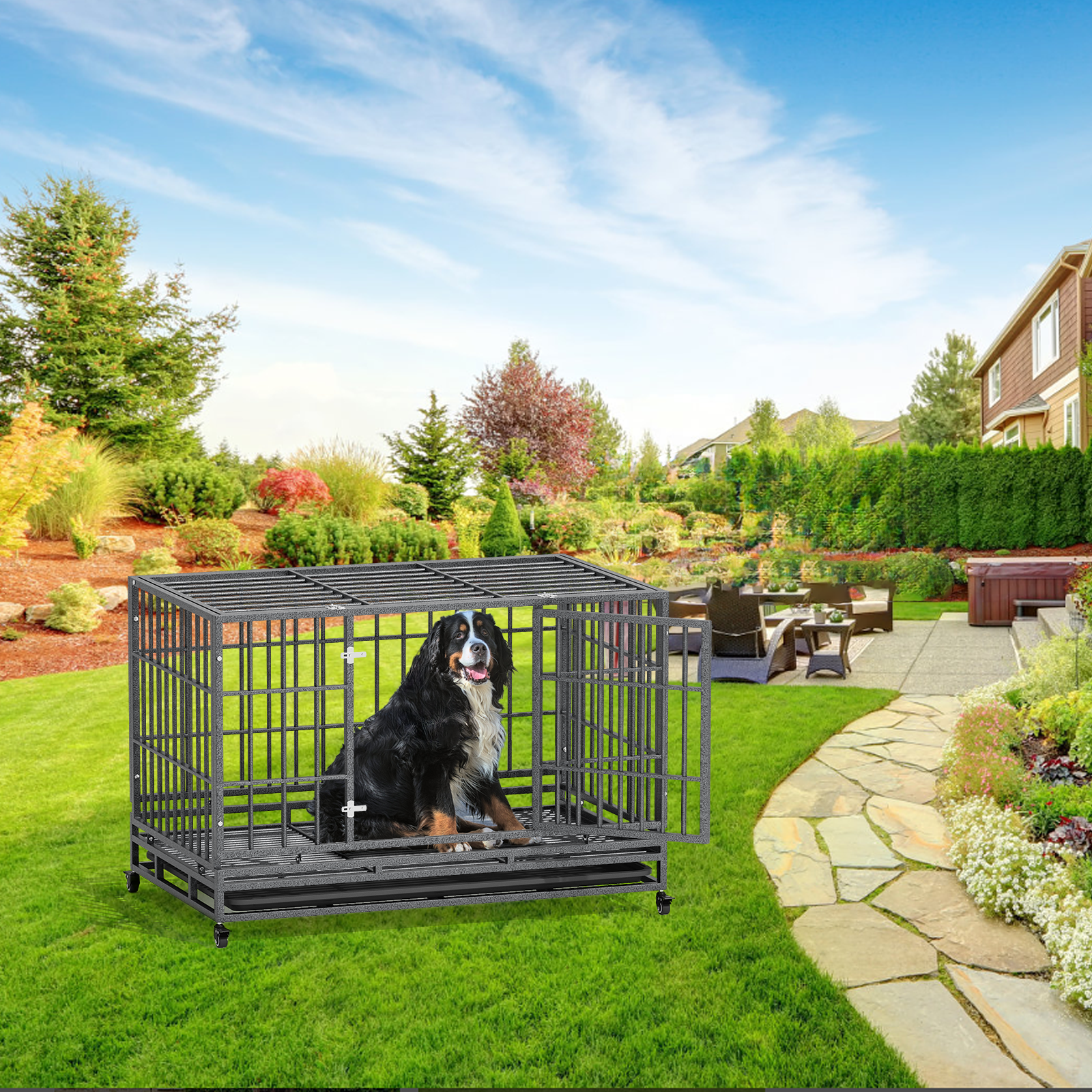 Magshion 48.5" Large Alloy Steel Heavy Duty Indestructible Dog Crate, Escape-Proof Dog Crate Cage Kennel for Large Dogs, Double Door Dog Crate with Removable Crate Trays and Wheels, Dark Silver