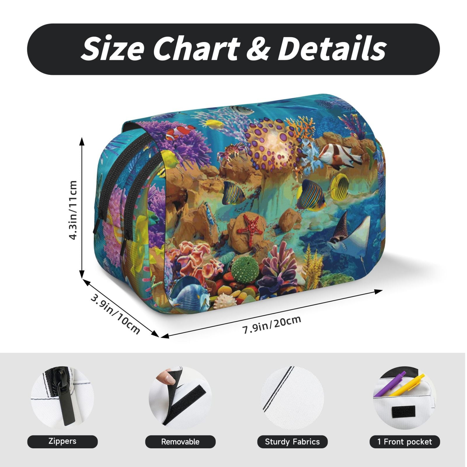 Rateoe Sea World Pattern Double Clamshell Pen Case, Storage Organizer with Two Zipper Compartments– Holds Up to 50 Pencils & Pens