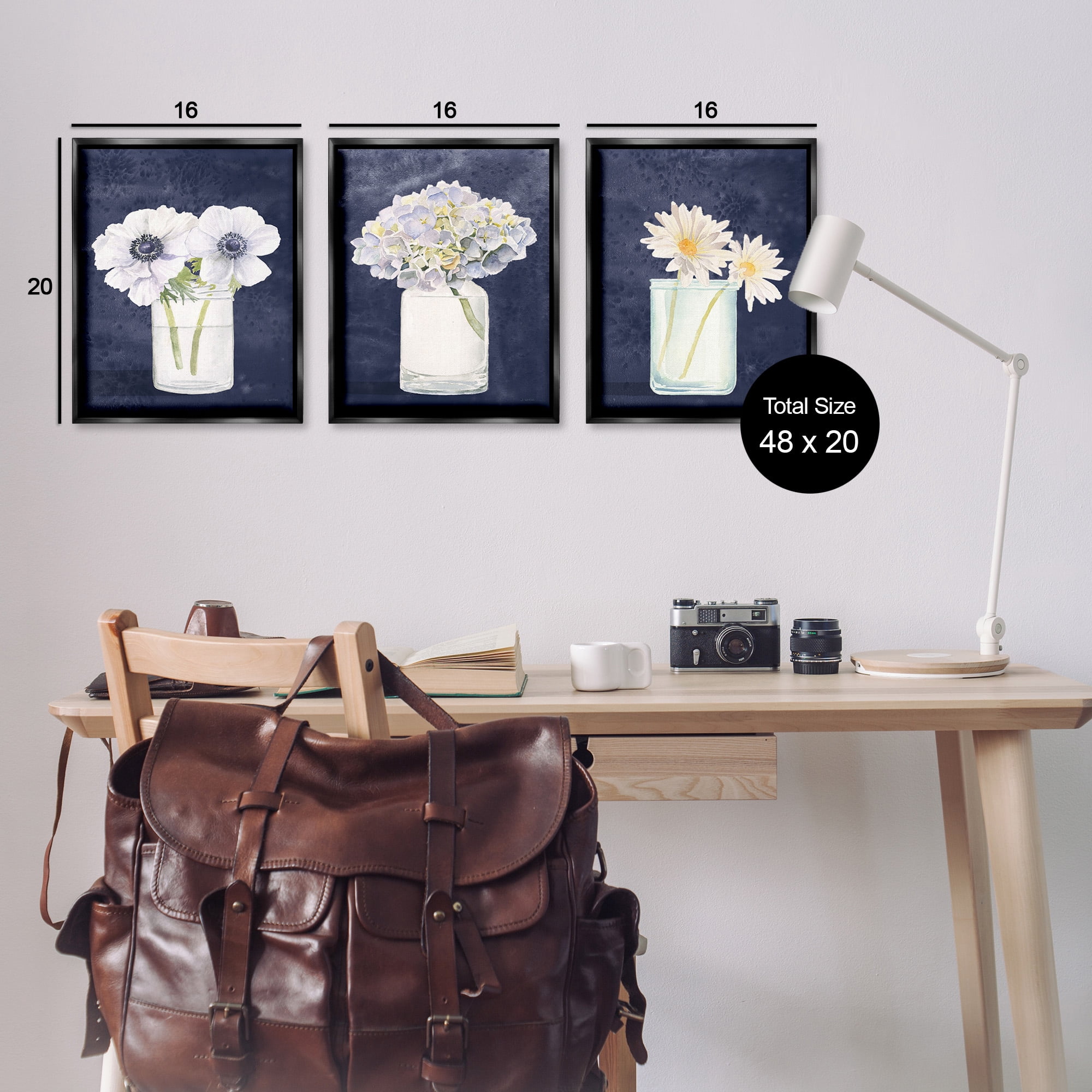 Stupell Industries Navy Blue Flower Bouquets Botanical & Floral Painting Black Floater Framed Canvas Art Print Wall Art, 17 x 21, Set of 3