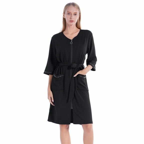 Women's Zipper Robe 3/4 Sleeve House Wear Knee Length Sleepwear Soft Casual Waffle Knit Housecoat with Pockets and Belt, S-2XL