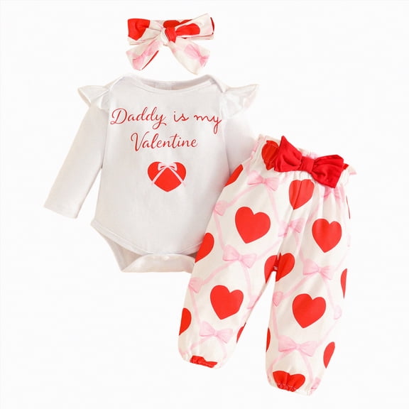 mgoYE Baby Girl Valentines Day Outfit My First Valentine Romper Onesie Hearts Print Pants Headband Newborn Clothes Set 3PC(0-3 Months,Red)
