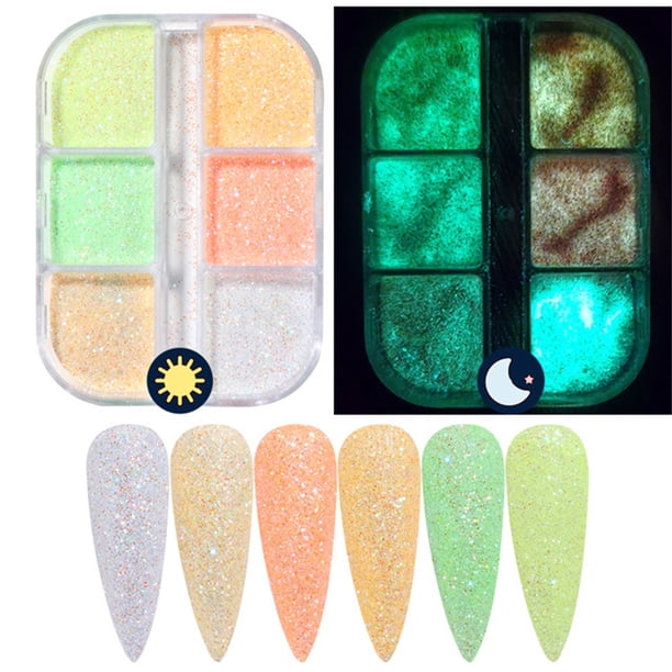 caja de polvos para uñas que brillan en la oscuridad, polvos brillantes para decoración de uñas.