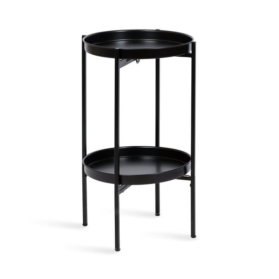 Kate and Laurel Celia Round Metal Foldable Tiered Side Table, 16 x 26, Black, Modern Accent Table with Removable Magnetic Tray Tabletops and Space-Saving Folding Base
