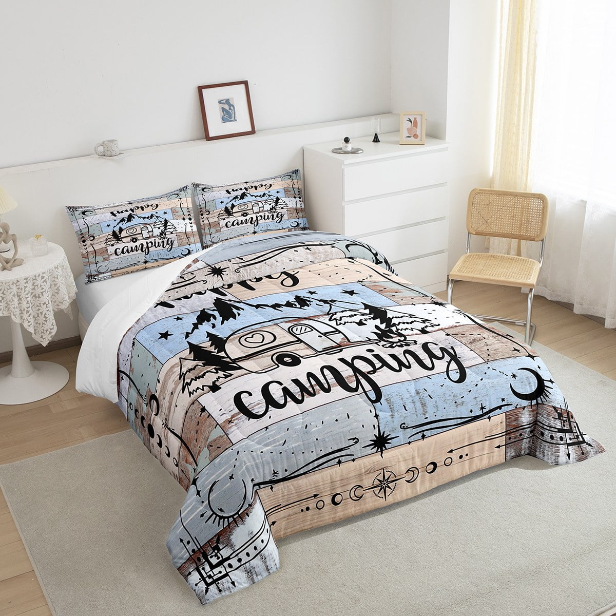 YST Trailers Camper Decorations Full Comforter Set Happy Camping Bed Comforter for Kids Boys Girls Teens Adults Blue Gray Neutral Wooden Barn Door Duvet Set Western Farmhouse Bedroom Decor Walmart