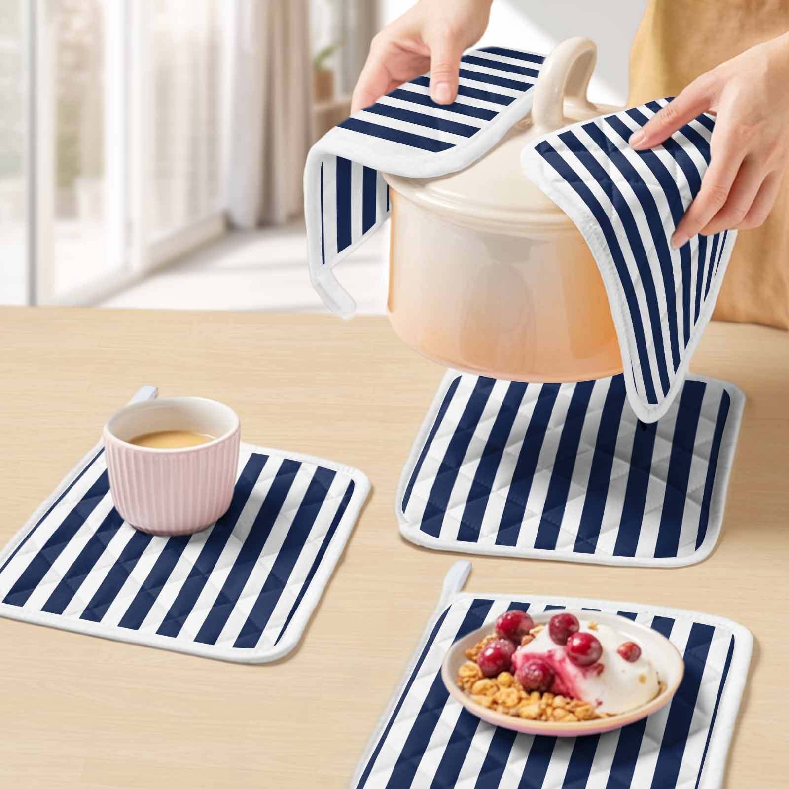 Navy Blue Striped Pot Holders for Kitchen Heatproof Potholder, 3 Pack Modern Farmhouse Blue White Stripes Hot Pads Multipurpose Oven Pads Cloth Potholders Trivet for Cooking Baking