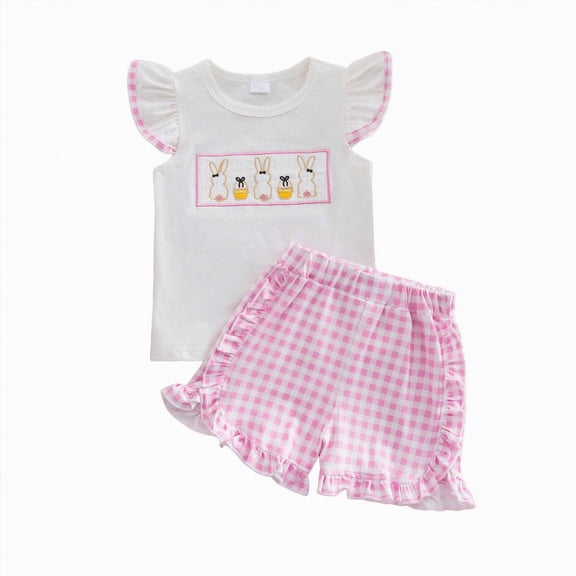 HCNTES Toddler Girl Clothes Breathable Lightweight Bunny Embroidered & Yellow Gingham Set for Easter