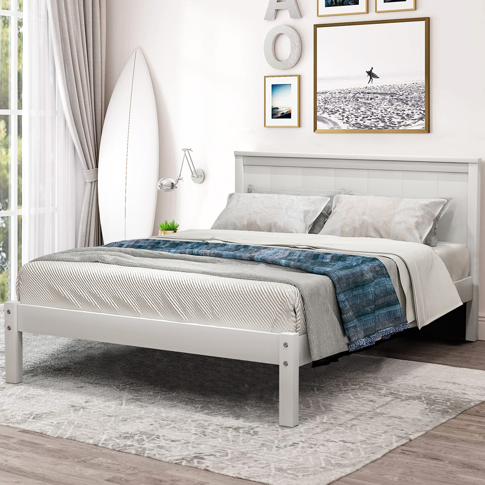 Twin Platform Bed Frame, White Twin Bed Frame with Headboard, Modern
