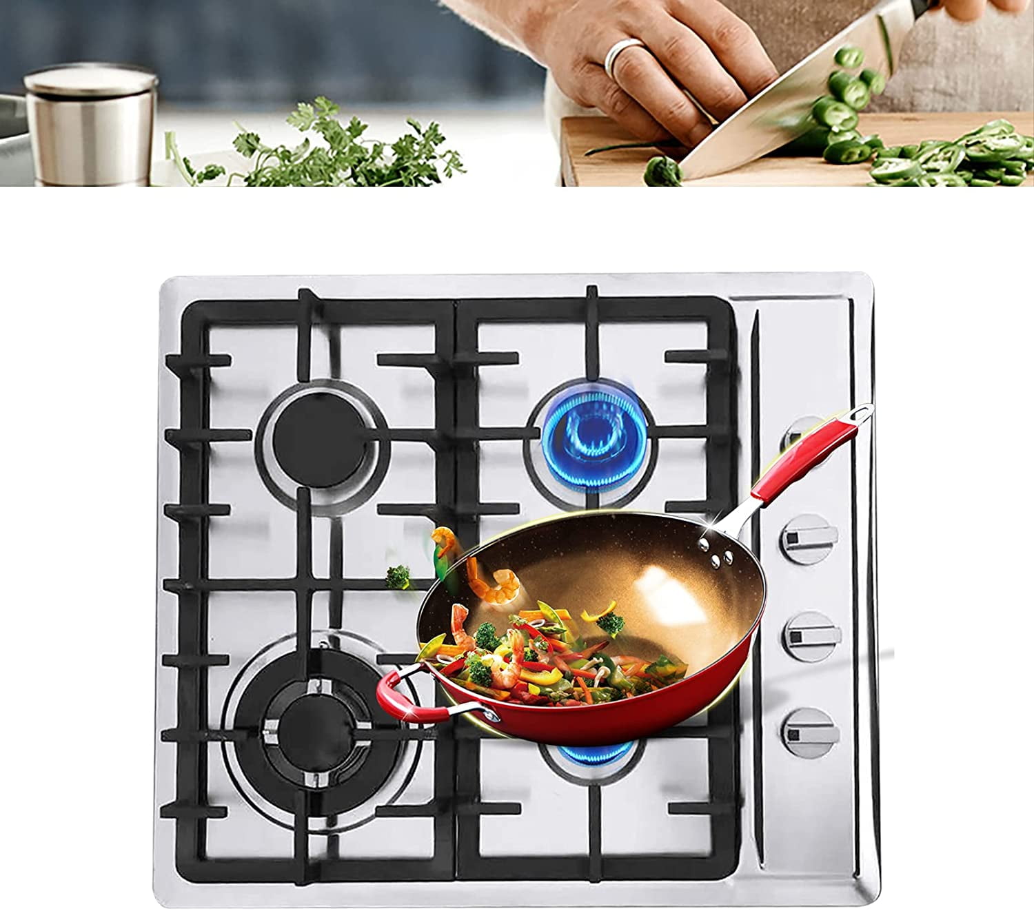 ANQIDI Gas Cooktop, 4 Burners Stainless Steel Stove NG/L-P-G Gas Hob Kitchen Built-In Stove
