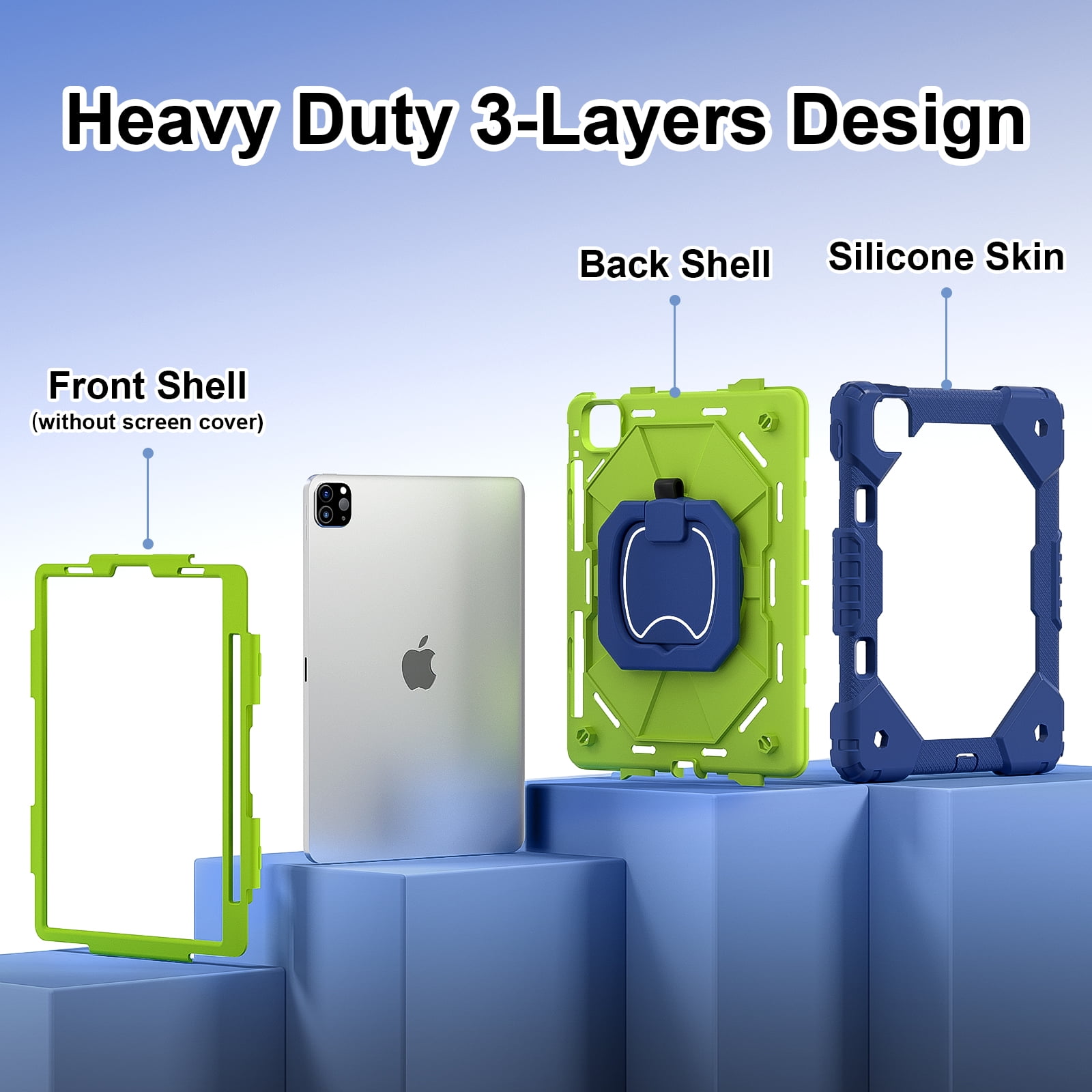 Shockproof Case for Apple iPad Air 11 Inch M4 M3 M2 2026 2025 2024, Build in Pencil Holder Rotating Stand Shoulder Strap Bumper Shockproof Rugged Kids Friendly Case Cover for iPad Air 11", Blue+Olive