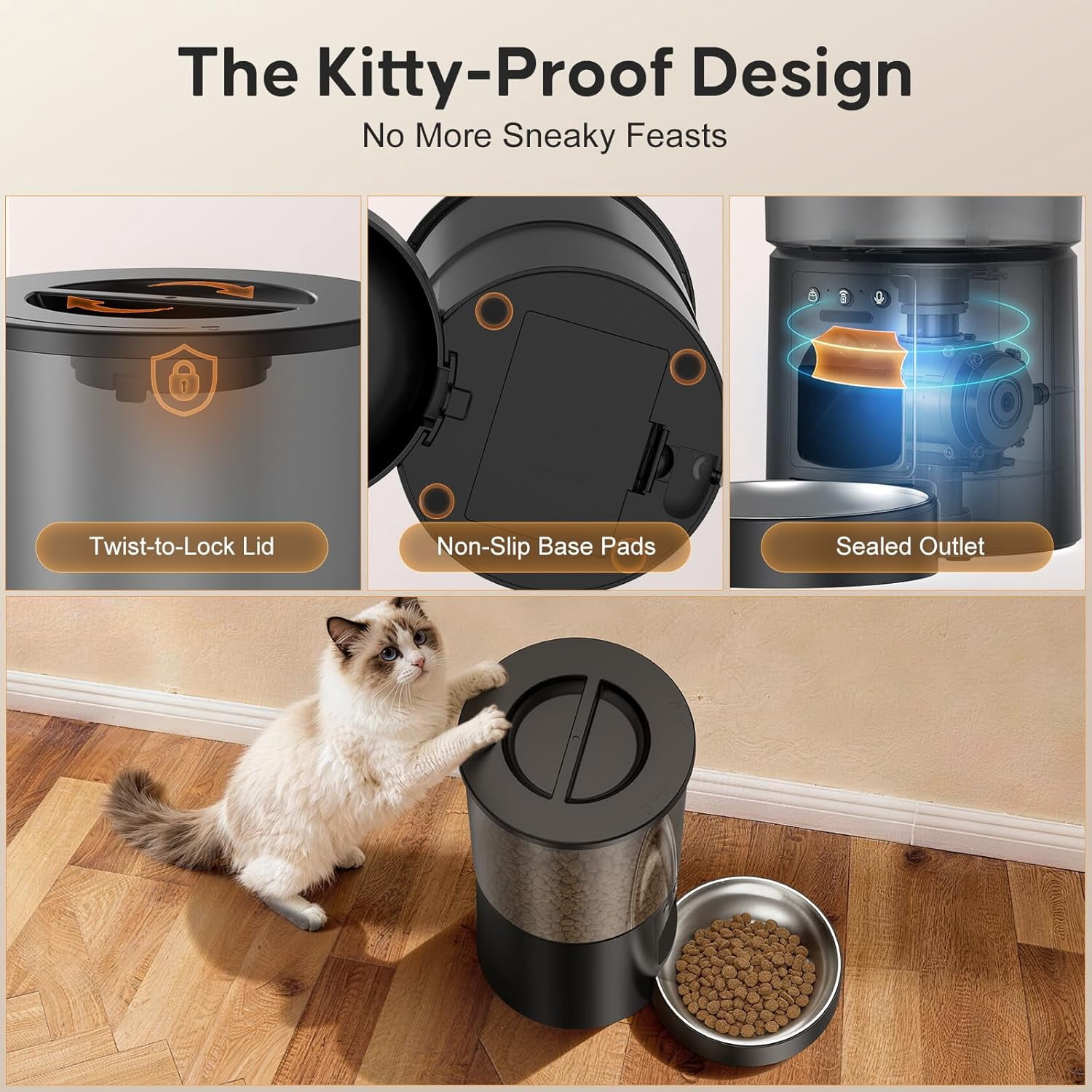 Automatic Cat Feeder with Camera WiFi App Control 1080P HD Video Two-Way Audio 4.2L Food Dispenser for Indoor Cats White