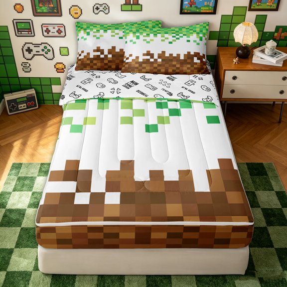 Erosebridal Retro Gradient Pixel Block Zipper Twin Comforter Sets with Fitted Sheet and 2 Pillowcases for Girls Boys, Green Brown Gamen Check Zipper Bedding Set, Gamepad Reversible, 4pcs