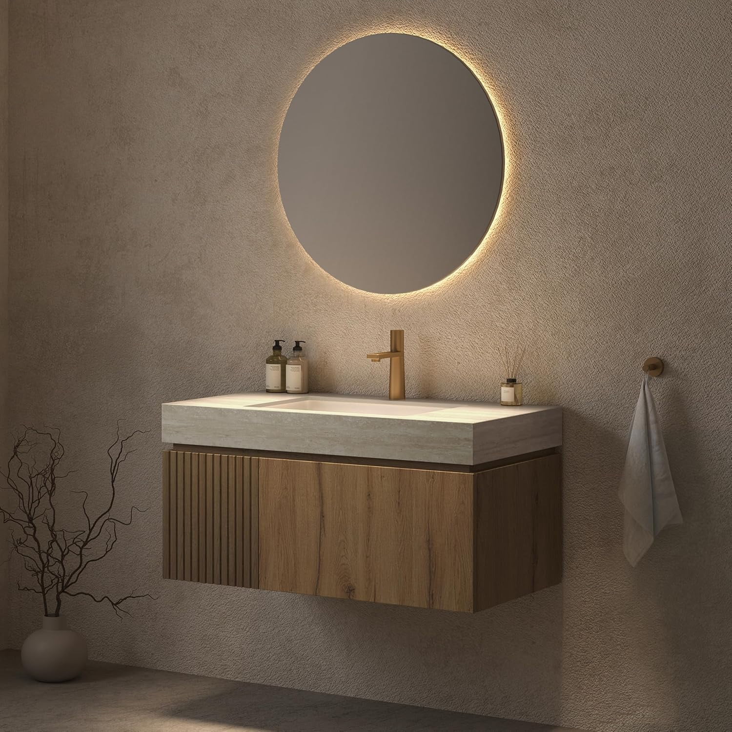 36" Bathroom Vanity with Sink, Wall Mounted with Drawer and Door, Roma Travertine-Pattern Countertop and Ceramic Basin, Pre-Assembled Cabinet