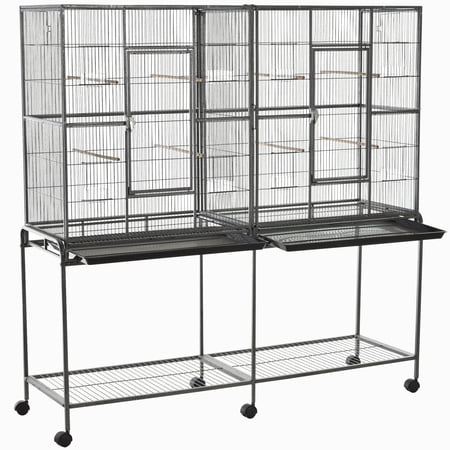 Rolling 65"L Bird Cage w/ Storage Shelf Wood Perch Food Container