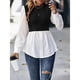 thumbnail image 5 of Camisa de Mujer con Botones y Diseño Patchwork, Larga, Cuello Redondo, Dos en , de Punto Canalé, con Volantes. Negro S, 5 of 8